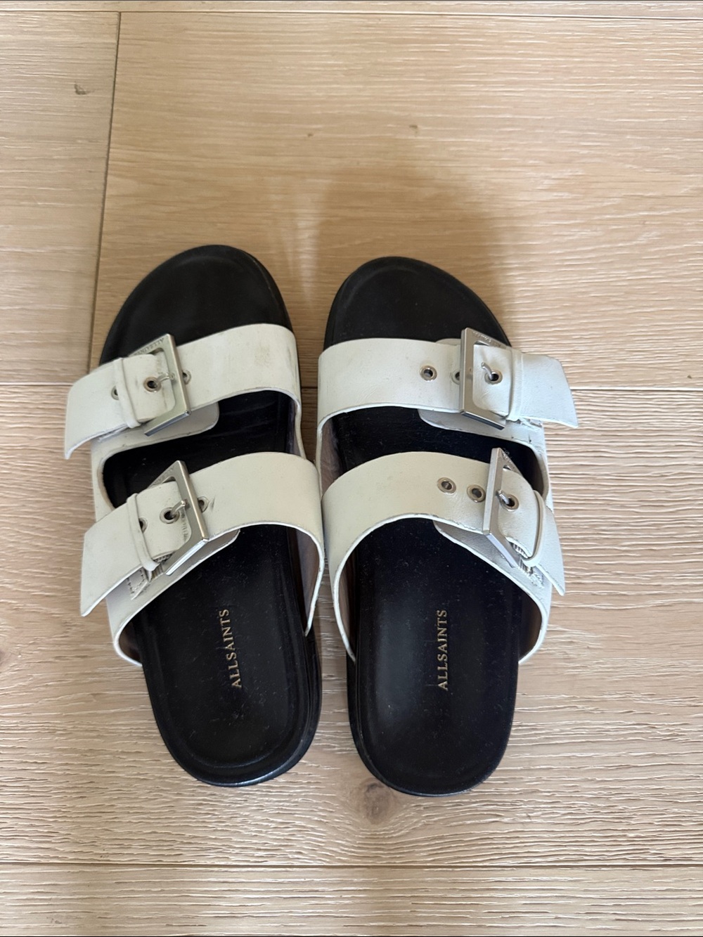 All Saints White Double-Buckle Slide Sandals with Black Footbed